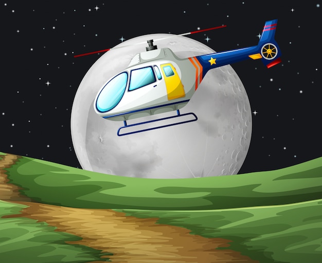 Vector gratuito helicóptero volando en la noche de luna llena