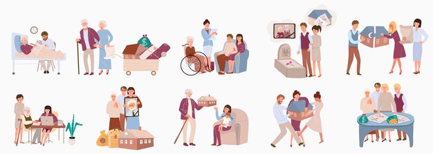 Herencia conjunto plano de personas que obtienen propiedades después de la muerte de parientes y hombres y mujeres ancianos legados a la familia ilustración vectorial aislada