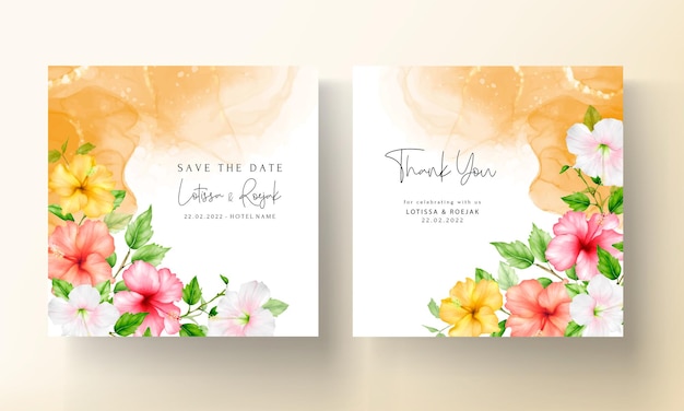 Hermosa acuarela colorida flor de hibisco conjunto de tarjetas de boda