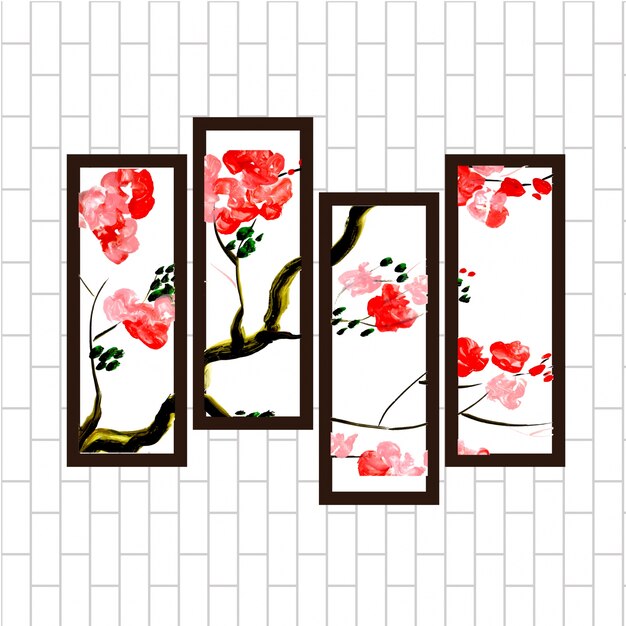 Hermosa acuarela Floral rojo pared colgando conjunto de pintura