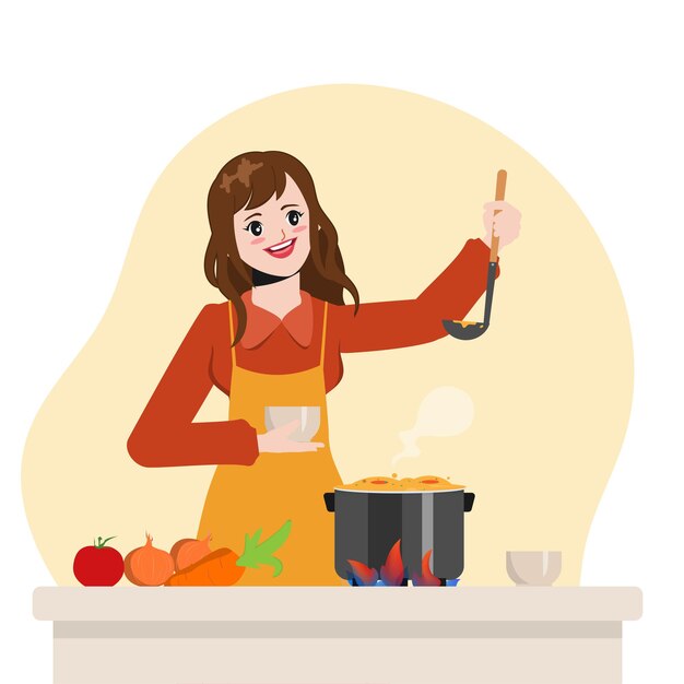 hermosa ama de casa está cocinando en el diseño de animación de dibujos animados de vector de ilustración de cocina