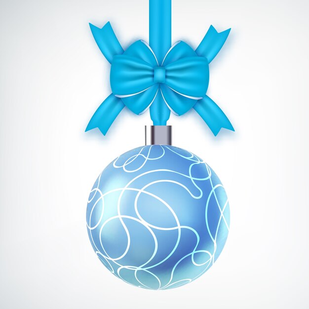 Hermosa bola de navidad realista decorada con lazo de cinta en blanco