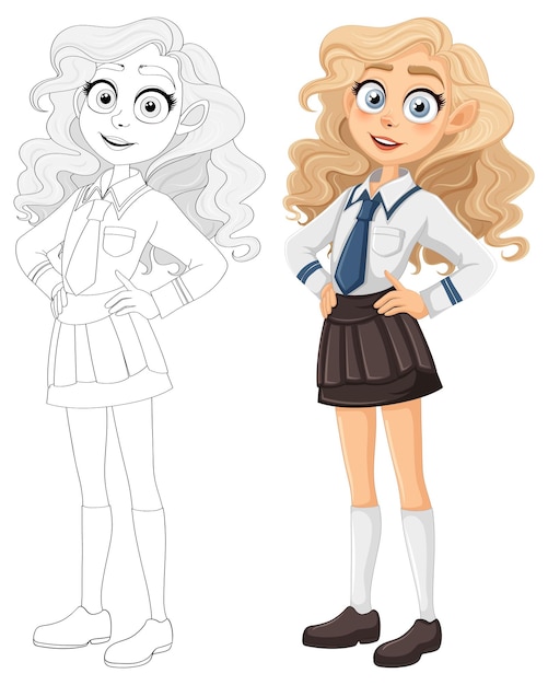 Hermosa chica adolescente en el uniforme de la escuela secundaria dibujos animados
