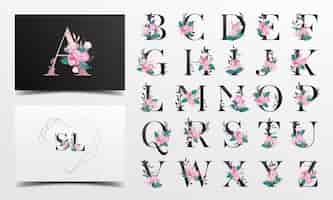 Vector gratuito hermosa colección de alfabeto decorada con estilo floral de acuarela