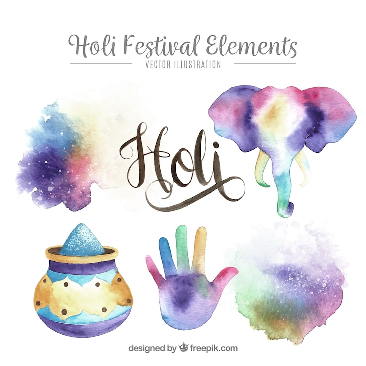 Vector gratuito hermosa colección de elementos para el festival de holi de acuarela