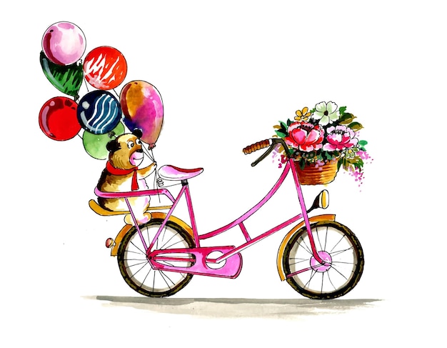 Hermosa colección floral. Bicicleta con ramo en canasta y globos multicolores