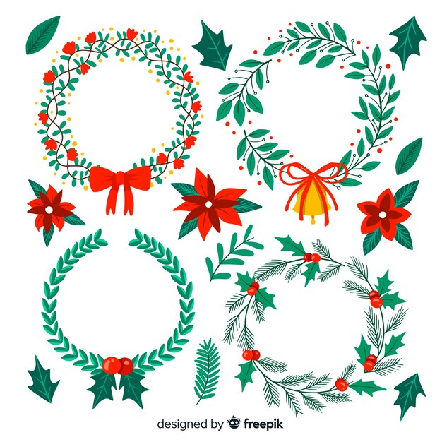 Hermosa colección de flores y guirnaldas de navidad dibujados a mano