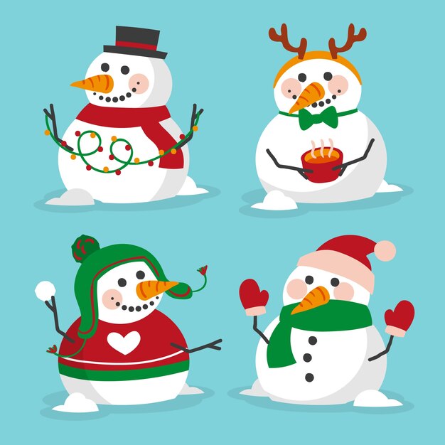 Hermosa colección de personajes de muñeco de nieve dibujados a mano