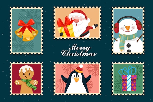 Hermosa colección de sellos con estilo vintage de objetos de feliz navidad como campana, santa claus, muñeco de nieve, pan de jengibre, penquin y caja de regalo, personaje de dibujos animados, diseño plano,