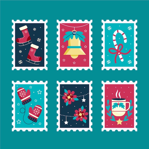 Hermosa colección de sellos de navidad estilo dibujado a mano