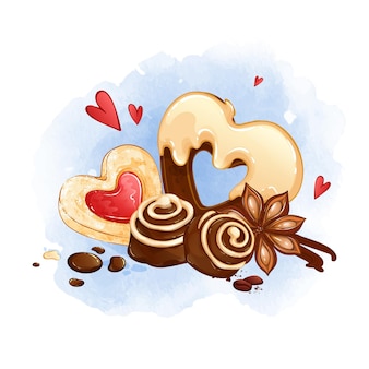 Una hermosa composición de dulces, caramelos y galletas. productos horneados de pastelería en forma de corazón. Vector Premium 