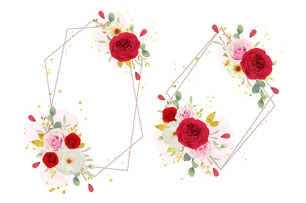 Hermosa corona floral con acuarelas rosas blancas y rojas rosadas