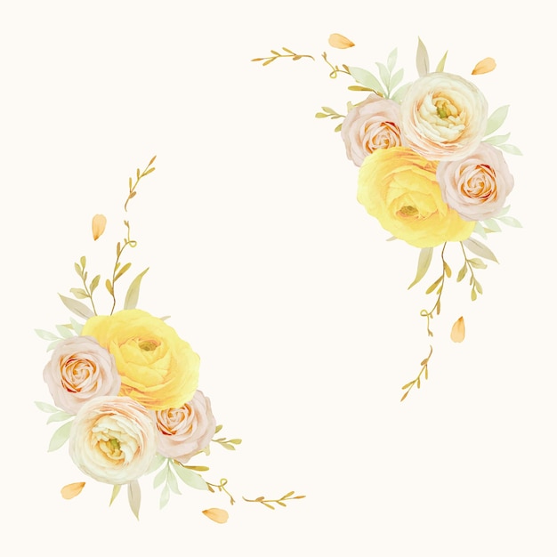 Vector gratuito hermosa corona floral con ranúnculos de rosas acuarelas y flores de anémona