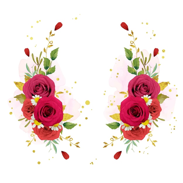 Vector gratuito hermosa corona floral con rosas rojas acuarelas