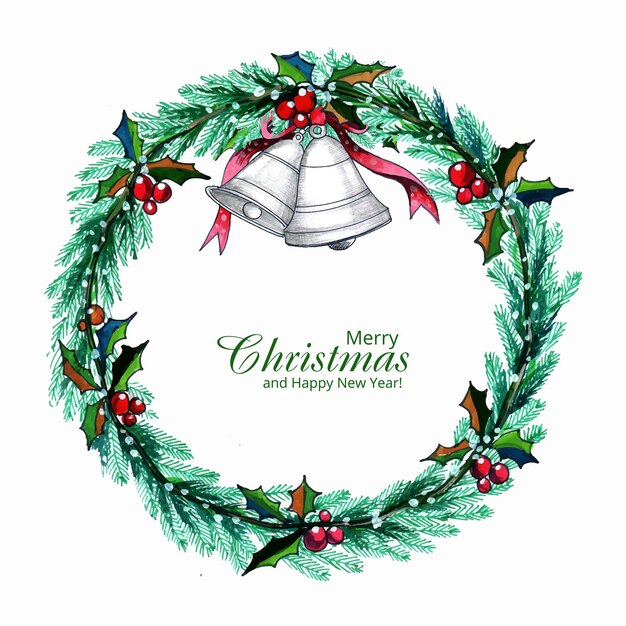 Hermosa corona de Navidad redonda sobre fondo de tarjeta de campana
