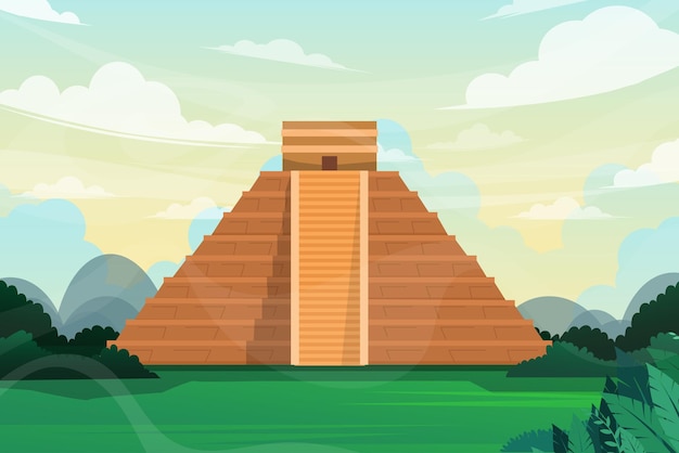 Hermosa escena de Chichén Itzá en el famoso monumento maya de México, una de las famosas postales de diseño de atracciones turísticas del desierto o afiche de viaje, ilustración vectorial.