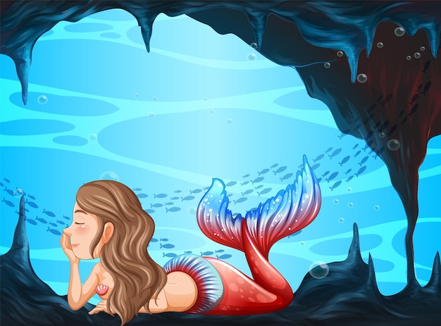 Hermosa escena de cueva submarina de sirena