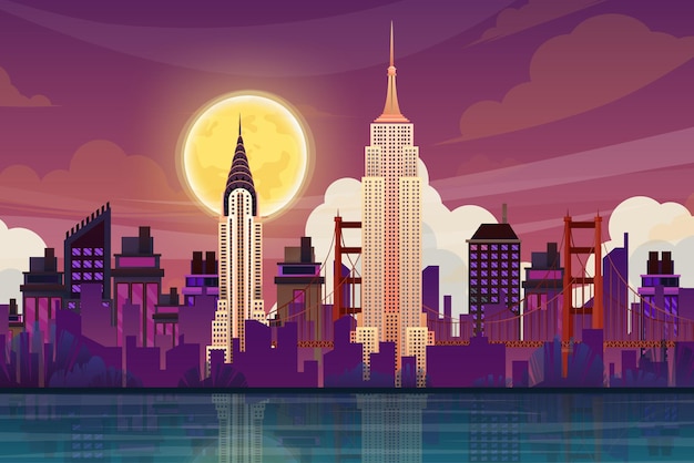 Vector gratuito hermosa escena con el edificio chrysler y el empire state building, el mundialmente famoso símbolo de atracción turística estadounidense. los puntos de referencia de la arquitectura internacional diseñan postales o afiches de viaje, ilustración.