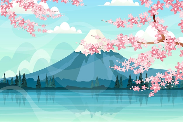 Hermosa escena paisajística de rama de flores de cerezo en el fondo con nieve en la cima de la montaña fuji, nube en cielo azul, vector de ilustración