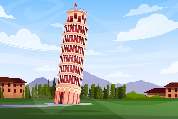 Hermosa escena con la torre inclinada de pisa, mundialmente famoso símbolo de atracción turística italiana. los puntos de referencia de la arquitectura internacional diseñan postales o afiches de viajes, ilustración vectorial.