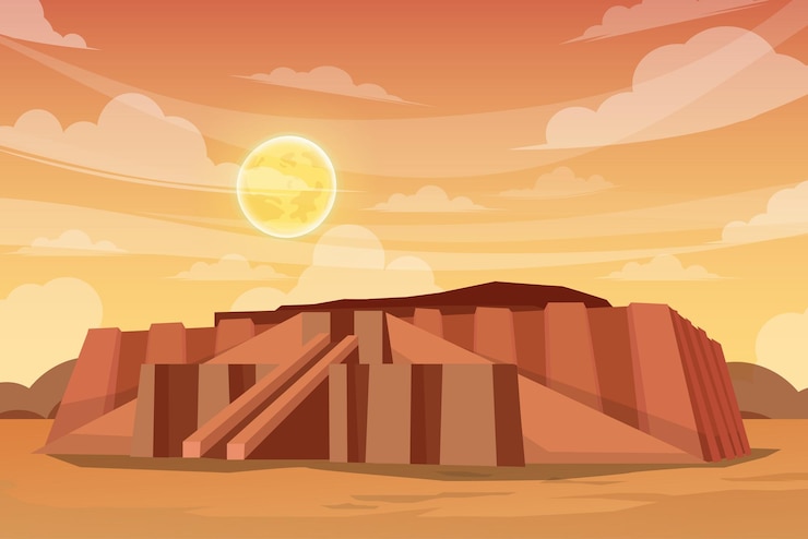 Vector gratuito hermosa escena de ziggurat en irak, arquitectura mesopotámica hito histórico en asia, postal de diseño de atracción turística o afiche de viaje, ilustración vectorial