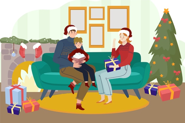 Hermosa familia con árbol de navidad y chimenea