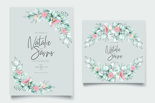 hermosa flor de eucalipto y hojas conjunto de tarjetas de invitación de boda