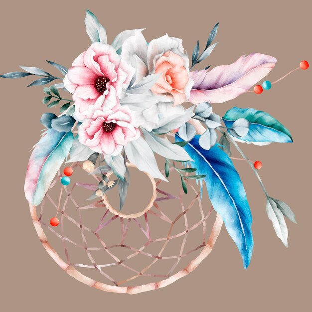 hermosa flor y ramo de atrapasueños ilustración