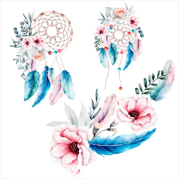 hermosa flor y ramo de atrapasueños ilustración