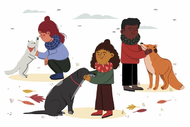 Hermosa ilustración de niños y mascotas otoñales