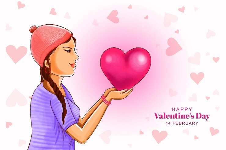 Vector gratuito la hermosa y linda chica sostiene el corazón de la mano para el fondo de la tarjeta de celebración del día de san valentín