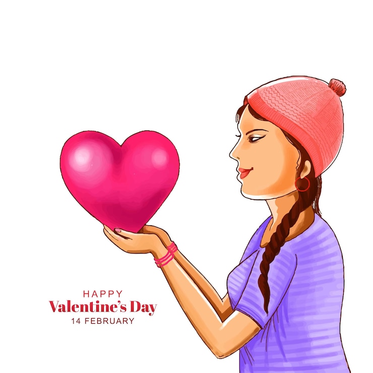 Vector gratuito la hermosa y linda chica sostiene el corazón de la mano para el fondo de la tarjeta del día de san valentín