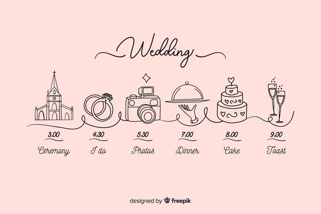 Hermosa línea de tiempo de boda dibujada a mano