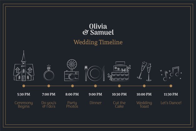 Hermosa línea de tiempo de boda dibujada a mano