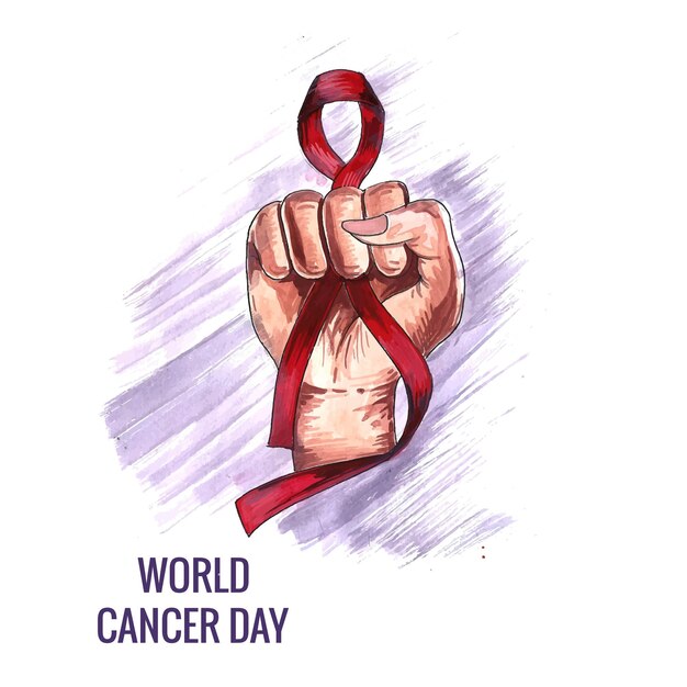 Hermosa mano con cinta de diseño de tarjeta del día mundial contra el cáncer