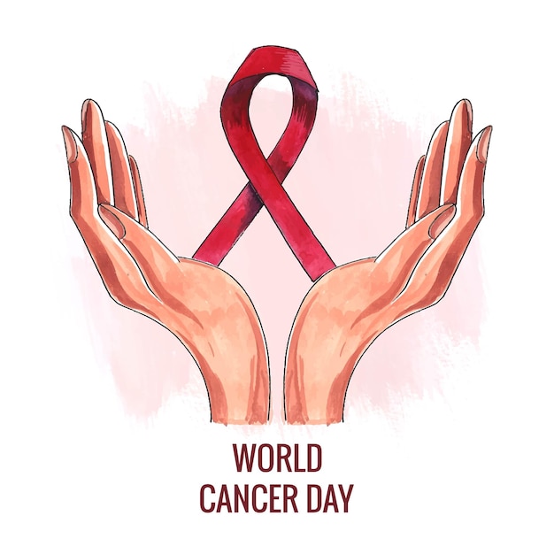 Hermosa mano con cinta de fondo del día mundial contra el cáncer