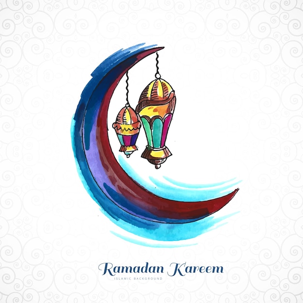 Vector gratuito hermosa mano dibujar acuarela luna ramadan kareem tarjeta fondo