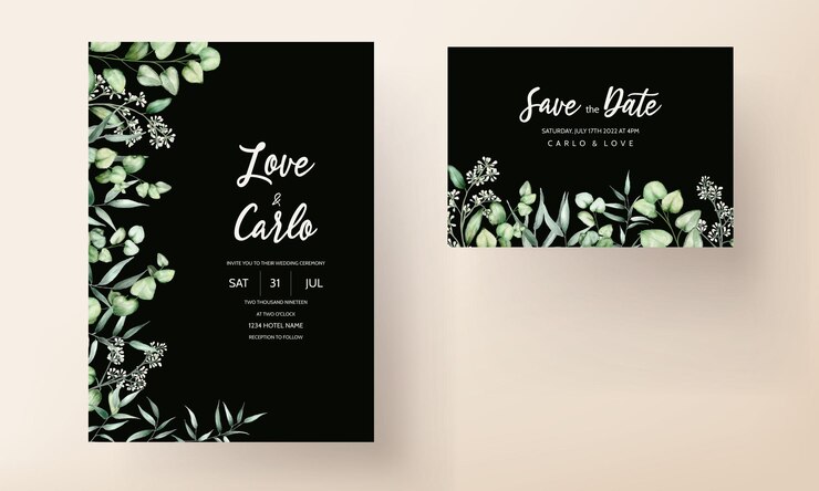 hermosa mano dibujo acuarela deja plantilla de tarjeta de invitación de boda