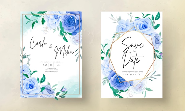 Vector gratuito hermosa mano dibujo tarjeta de invitación de boda flor azul