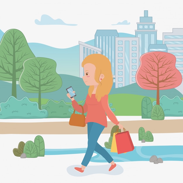 Vector gratuito hermosa mujer caminando en el parque con teléfono inteligente