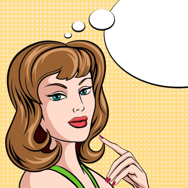 Hermosa mujer joven en Comic Pop Art Style con ojos verdes y cabello castaño hasta los hombros con su dedo en la barbilla y burbuja de pensamiento en blanco con ilustración de vector de copyspace