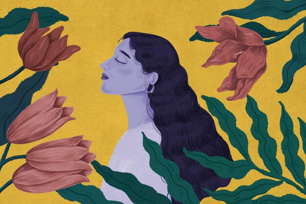 Hermosa mujer púrpura rodeada de ilustración de la naturaleza