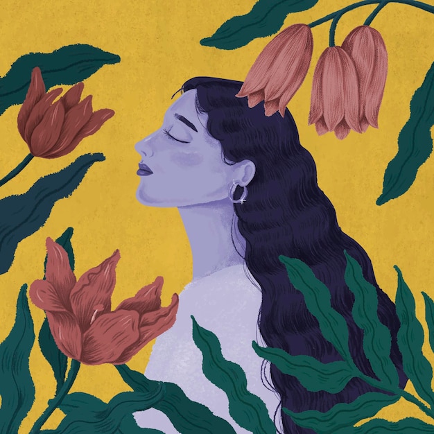 Hermosa mujer púrpura rodeada de ilustración de la naturaleza