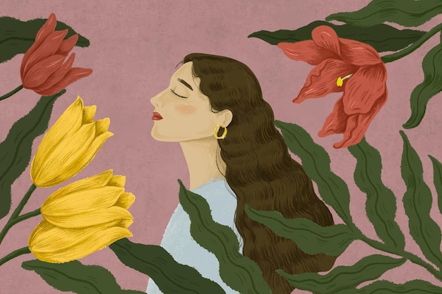 Hermosa mujer rodeada de ilustración de la naturaleza