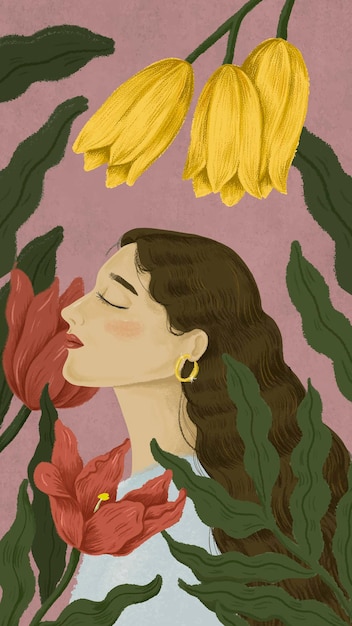 Vector gratuito hermosa mujer rodeada de ilustración de la naturaleza