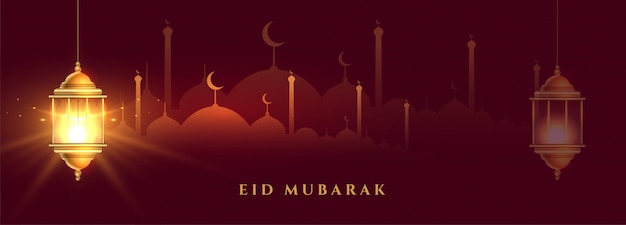 Hermosa pancarta de eid mubarak con linterna islámica brillante