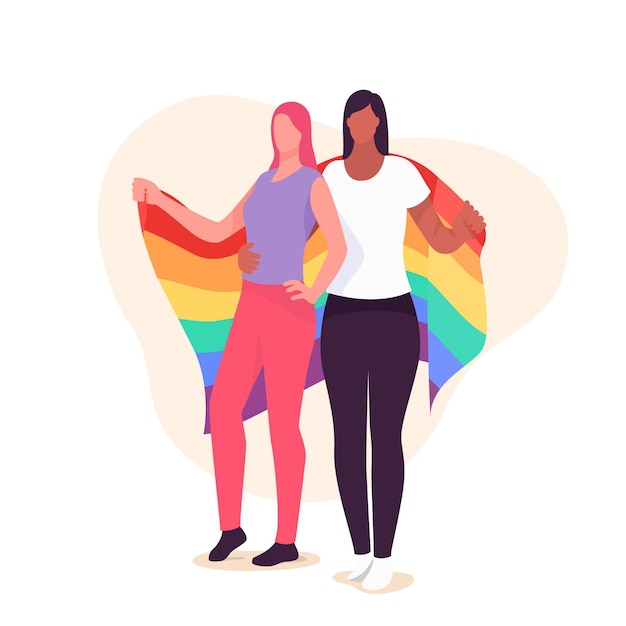 Vector gratuito hermosa pareja de lesbianas con bandera lgbt ilustrada