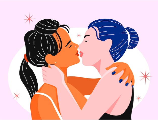 Vector gratuito hermosa pareja de lesbianas besándose