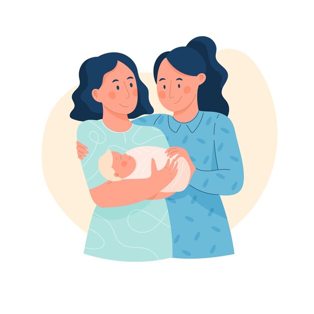 Hermosa pareja de lesbianas con un niño ilustrado