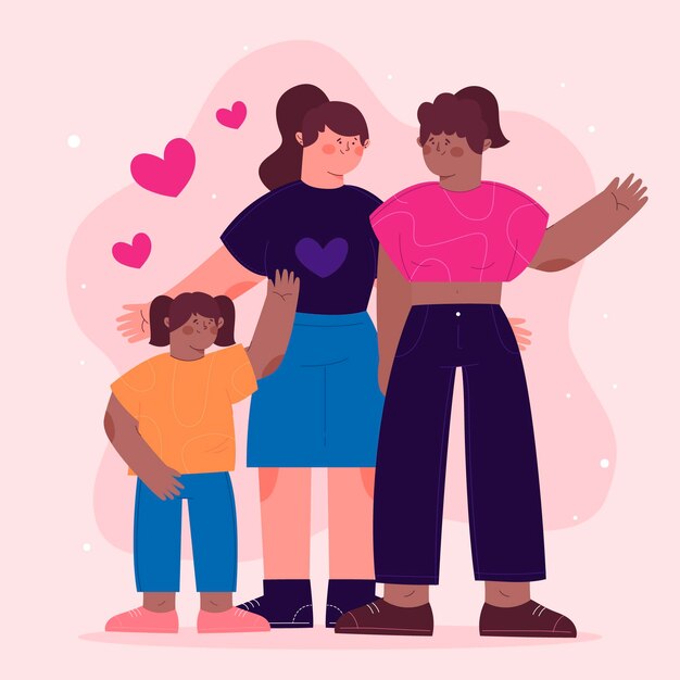 Hermosa pareja de lesbianas con un niño ilustrado